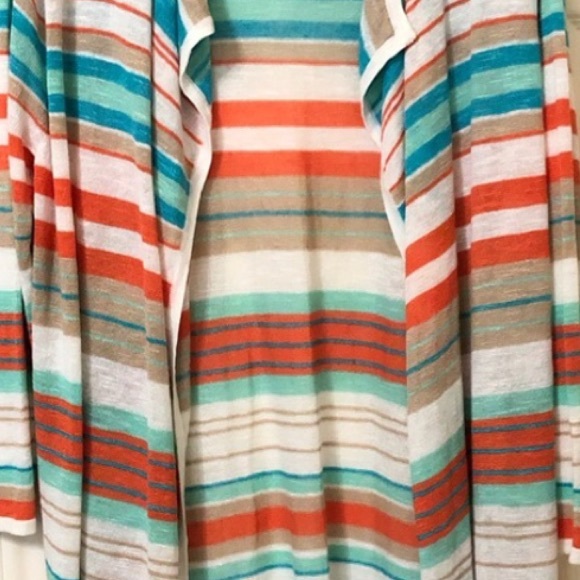 Peck & Peck Linen blend Teal,Aqua,White,Tan Fine Knit Open front cardigan - Picture 11 of 11